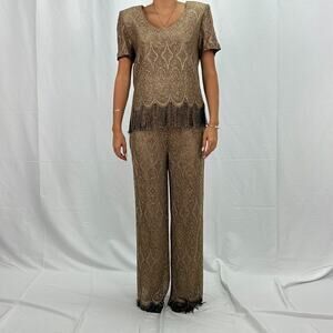 HL Design Two-Piece Formal Fringed Top & Pants Set Metallic Beige Gold Size 4